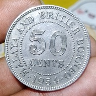 Uang Koin Kuno Malaya And British Borneo 50 Cent Tahun 1954 Scarce