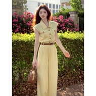 Yellow Denim Polo Shirt & High-Waist Trouser Set - Stylish Women's Summer Outfit