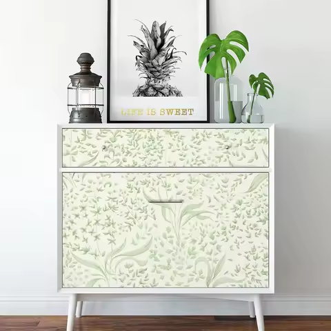 Morden Light Green Floral and Leaves Self Adhesive Vinyl Wallpaper Chic Waterproof Furniture Cabinet