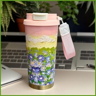 Thermal Coffee Travel Mug 500ml Travel Coffee Mug Flower Pattern Double Drink Modes Leak-Proof Tea C