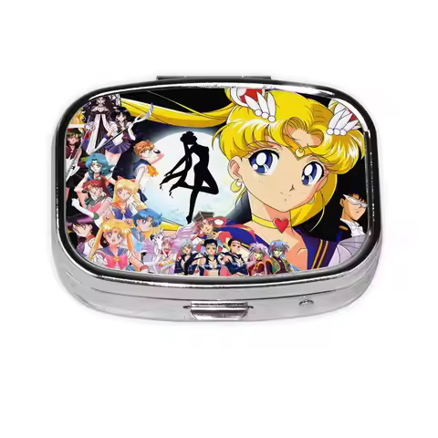 Anime S-Sailors M-Moons Metal Pills Box 2-Compartment & Pocket-Sized Square Pill Organizer Container