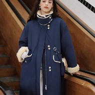 墨藍色 柔霧藍島 廓形羊羔毛風衣外套 羊羔毛大衣 附贈包包
