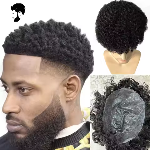 Curly Wig ISkin Hair System Invisible Male Hair Capillary Prosthesis 0.12cm Injection PU Men Toupee 