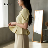 Lovito Blusang Elegan Berlipat Mudah Kuning untuk Wanita Musim Bunga/Panas L158ED777