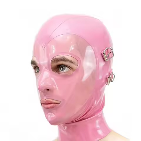 Pink latex mask, rubber hood, cosplay headwear with removable eye mask and foldable mouth, back zipp