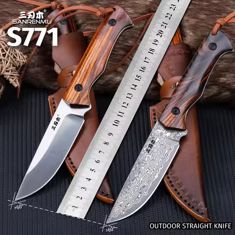 SANRENMU NEW S771 Straight Handle Knife Outdoor Camping Hunting Knife Rescue Tool Knife Damascus Bla