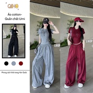 Set of sportswear, body-hugging cotton shirt mixed with loose umi pants with dynamic striped edges b