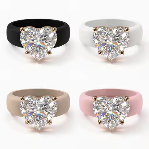 Women's Silicone Ring with Large Rectangle CZ Stone, Rose Gold Prong Setting, Comfortable Sport Wedd