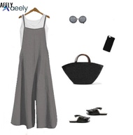 AEELY Women Summer Casual Loose Solid Tank Jumpsuit Korean Solid Color Long Suspender Oversized Sleeveless Overalls Bib Wide Leg Pants