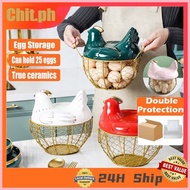 ∇ ♝ Large Stainless Steel Mesh Wire Egg Storage Basket with Ceramic Farm Chicken Top and Handles