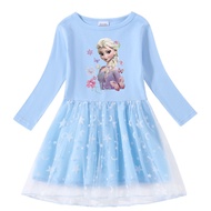 YIHAN Frozen Mesh Dress for Kids Girls' Dress Print Baby Fashion Princess Dress Cartoon Long Sleeve Dress 2-8Y