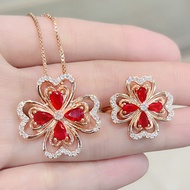 Red Diamond Four Leaf Fashion Love Heart Red Crystal Ring Pendant Necklace Red Diamond Color Diamond