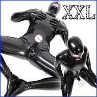 Full Body Black Patent Leather Fetish Suit Nightclub DS Stage Costume Mens Jumpsuit Sexy Faux Latex Tight Zentai Suit With Hood