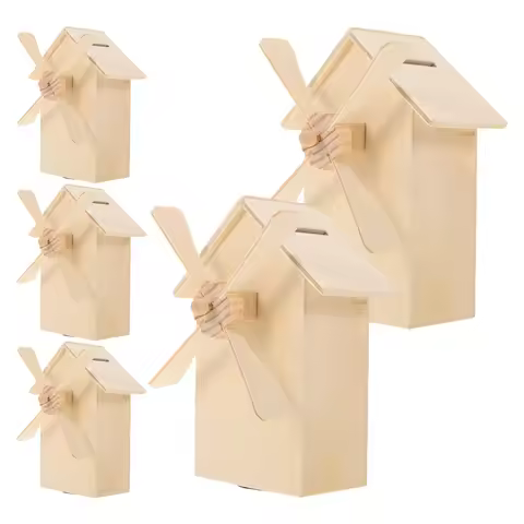 5Pcs Unfinished Wooden Windmill Piggy Bank DIY Money Box Paintable Coin Bank Creative Saving Craft W