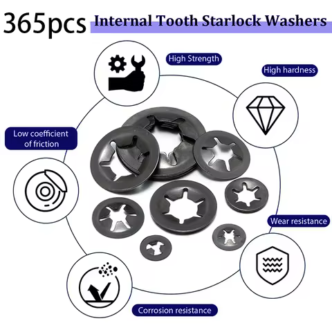 365-piece internal tooth star lock washer, M3/M4/M5/M6/M8/M10/M12 quick lock washer combination kit,