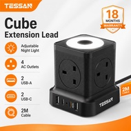 [MY Stock] TESSAN Adjustable Night Light Tower Extension Lead 8-in-1，4 AC + 4 USB Ports 2M Cord