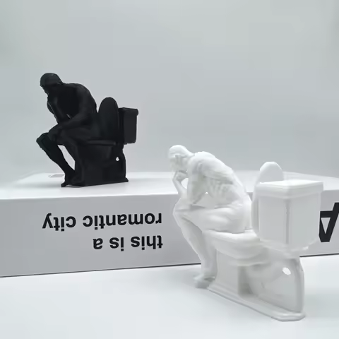 3D Printed, The Thinker Statue Sitting on Toilet, Durable Plastic, Humorous Bathroom Desktop Office 