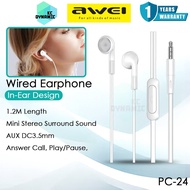 Awei PC-24 Wired Earphone Mini Stereo Sound Wired Headphone 1.2M In-Ear Earphone AUX 3.5mm Awei Earp