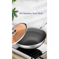 [Ready Stock] 32cm 34cm 304 stainless steel wok Pan Non-smoking wok honeycomb non-stick cooker induc