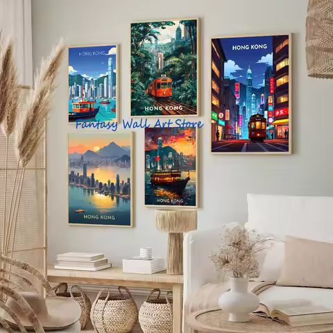 Retro Hong Kong Poster Hong Kong Travel Poster Retro Cityscape Wall Art Hong Kong Night Street Railw