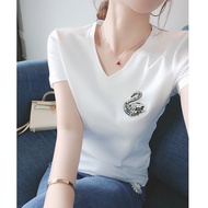 European Goods Swan Hot Diamond Short-Sleeved T-Shirt Women White V-Neck Pure Cotton Loose Half-Sleeved T-Shirt Summer