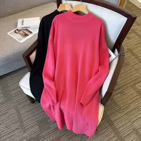 155Kg Plus Size Women's Bust 160 Spring Autumn New Loose O-Neck A-Line Sweater Dress Black Red 5XL 6