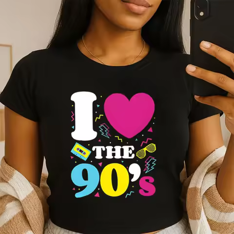Love 90s Printed Crop Tops 90s Colorful Pattern Short Sleeve Tshirt Crop Tank Tops 90s Harajuku Fash