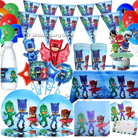 Pj masks Boys Theme Birthday Party Decoration Paper Tableware Foil Number Balloons Kit Backdrop Wall
