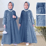 Laura Kid Gamis Lebaran Muslim Anak Perempuan 3-14Tahun Dress Satin Kombi Brokat Tulle Mutiara Anak 