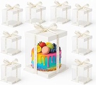 OMISTAR 10 Pcs Clear Cake Boxes with Ribbon, 7 x 7 x 8 Inch Tall Cake Carrier Box with Lids, PET Tra