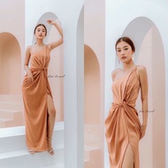 🏷Red Carpet #R012 Saint Dress เดรสยาวไหล่เดียวแต่งโซ่ เดรสซาติน ชุดราตรี ชุดออกงาน