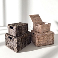 Storage Baskets with Lids and Handles, Hand Woven Rattan Storage Bins Box Blackwash and White