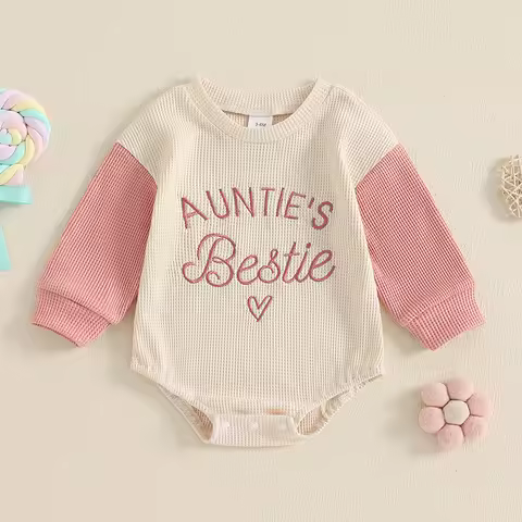 Newborn Baby Girl Clothes Long Sleeve Aunties Bestie Embroidery Romper Waffle Bodysuit Shirt Fall Ou