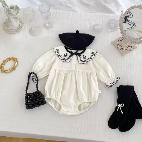 22041-1 Baby Girl Clothes 2024 Summer New Embroidered Lapel Baby Girl's One Piece Clothes Short Slee