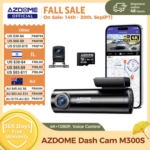 AZDOME M300S Dash Cam 4K+1080P Car Rear Camera Dash Cam 800MP Lens Built-in GPS WIFI Car DVR Voice C