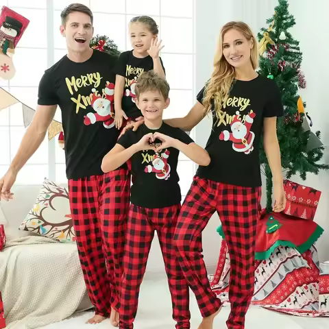 Merry Xmas Print Plaid Family Matching Pajamas Short Sleeve Tops+Long Pants 2 Pieces Suit Christmas 