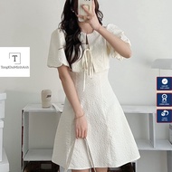 Super easy to wear lady's puff sleeve dress with bow tie at the chest made of soft foam material, ea