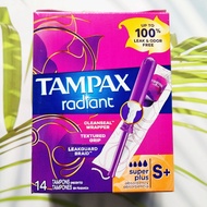 ผ้าอนามัยแบบสอด สำหรับวันมามาก Radiant Super Plus Plastic Tampons 5, 10, 14, or full box 28 Count (Tampax®) ป้องกันการรั่วซึม ปราศจากกลิ่นได้ถึง 100%