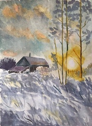 冬季風景原創水彩畫牆藝術廚房畫櫃