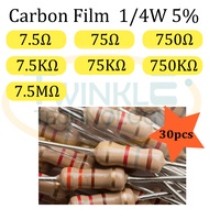 Resistor 0.25W 7.5ohm, 75ohm, 750ohm, 7.5Kohm, 75Kohm, 750K ohm, 7.5M ohm 1/4W 5% 30 Units / Pack
