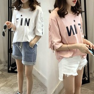 3 colors* Korean style loose large size lace-up half-sleeve letter printed short-sleeved T-shirt for women【801】