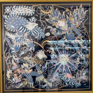 hermes藍色花樣馬戲團絲巾90X90