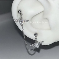 甜酷辣妹风双耳洞链条耳钉女蝴蝶钛钢平底耳骨钉小众设计耳环耳饰Sweet Cool Spice Girl Wind Double Ear Holes Chain Earrings Femal JhYRa