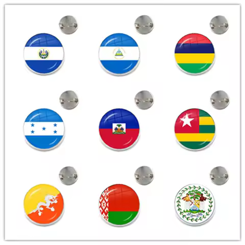 Sardova,Nicaragua,Mauritius,Honduras,Haiti,Togo,Bhutan,Belarus,Belize National Flag Glass Brooch Col