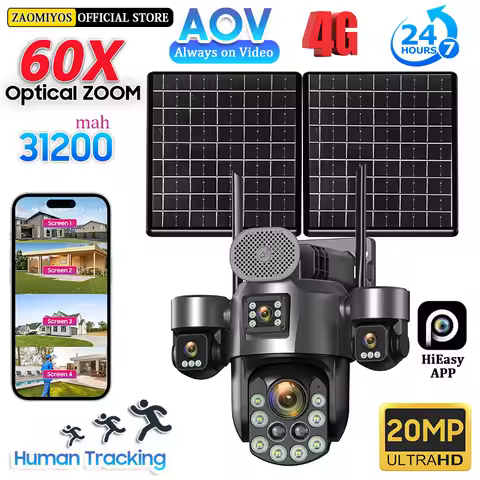 ZAOMIYOS 20MP Four Screen 4G SIM AOV Solar Surveillance Camera Outdoor 60X Optical Zoom Auto Track S