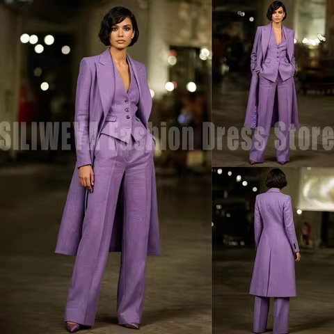 Elegant Purple Female Suit Smart Casual 3 Pieces Long Coat+Vest+Pants High Quality Boutique Fashion 