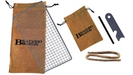 Branded Boards Portable Bushcraft Stainless BBQ Cooking Grill Grate, Bamboo Cutting Board, Burlap Ba