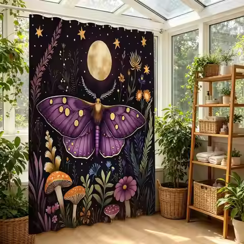 Cottagecore Moth Shower Curtain, Witchy Boho Moon & Wildflower Print, Dark Aesthetic Bathroom Decor.