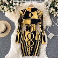 SINGREINY Women Design Print Knitted Dress Long Sleeve O Neck Elastic Slim Pencil Dress Autumn Winter Sexy Bodycon Sweater Dress