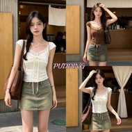 PUDDING Women's Slim Fit Short Sleeve Shirt Square Neck Lace Puffed Sleeves Waist Tie Wear It And Lo